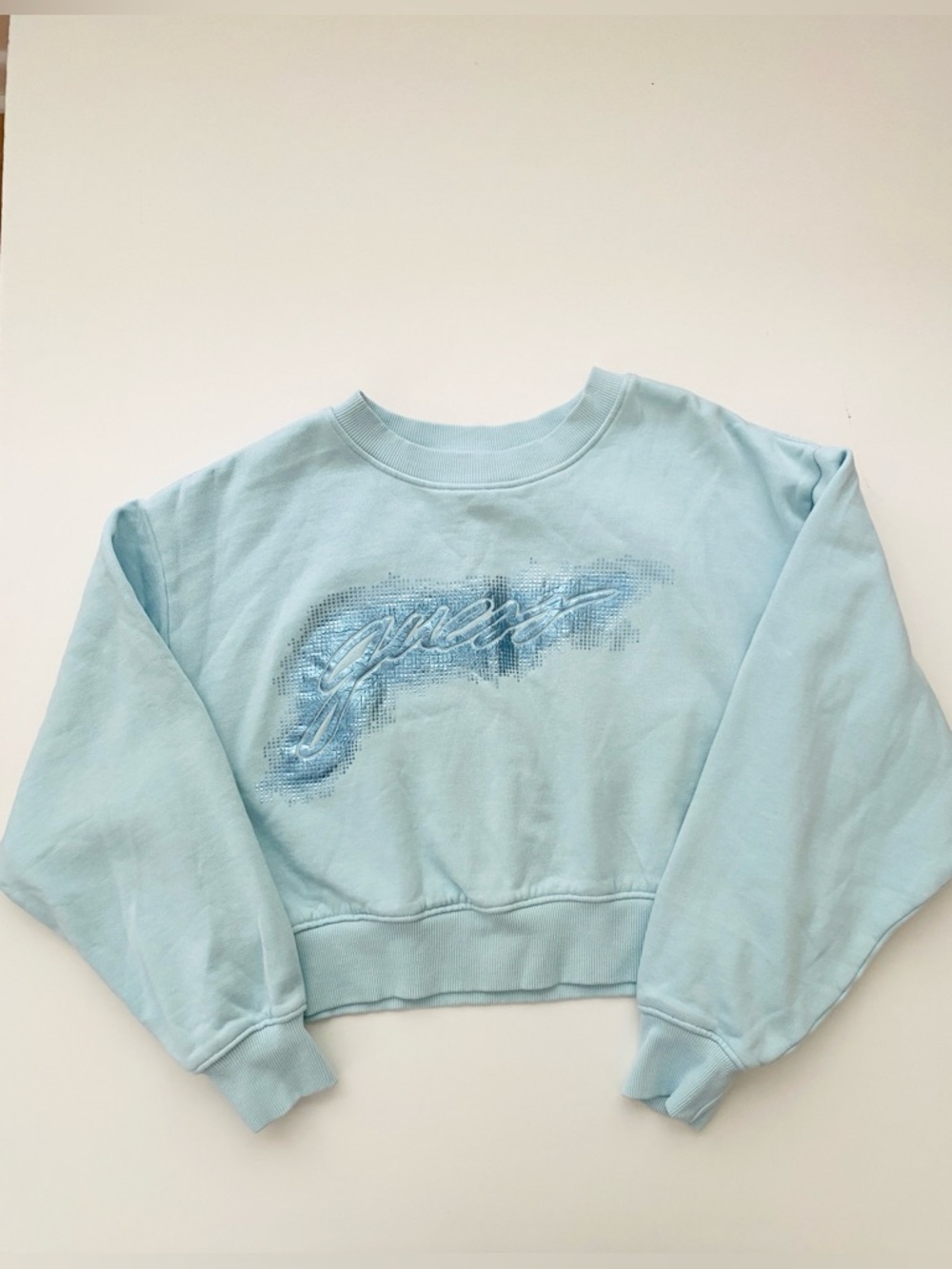 Guess Pastel Blue Cropped Pullover Sweater Crewneck Oversized Cotton Logo Small